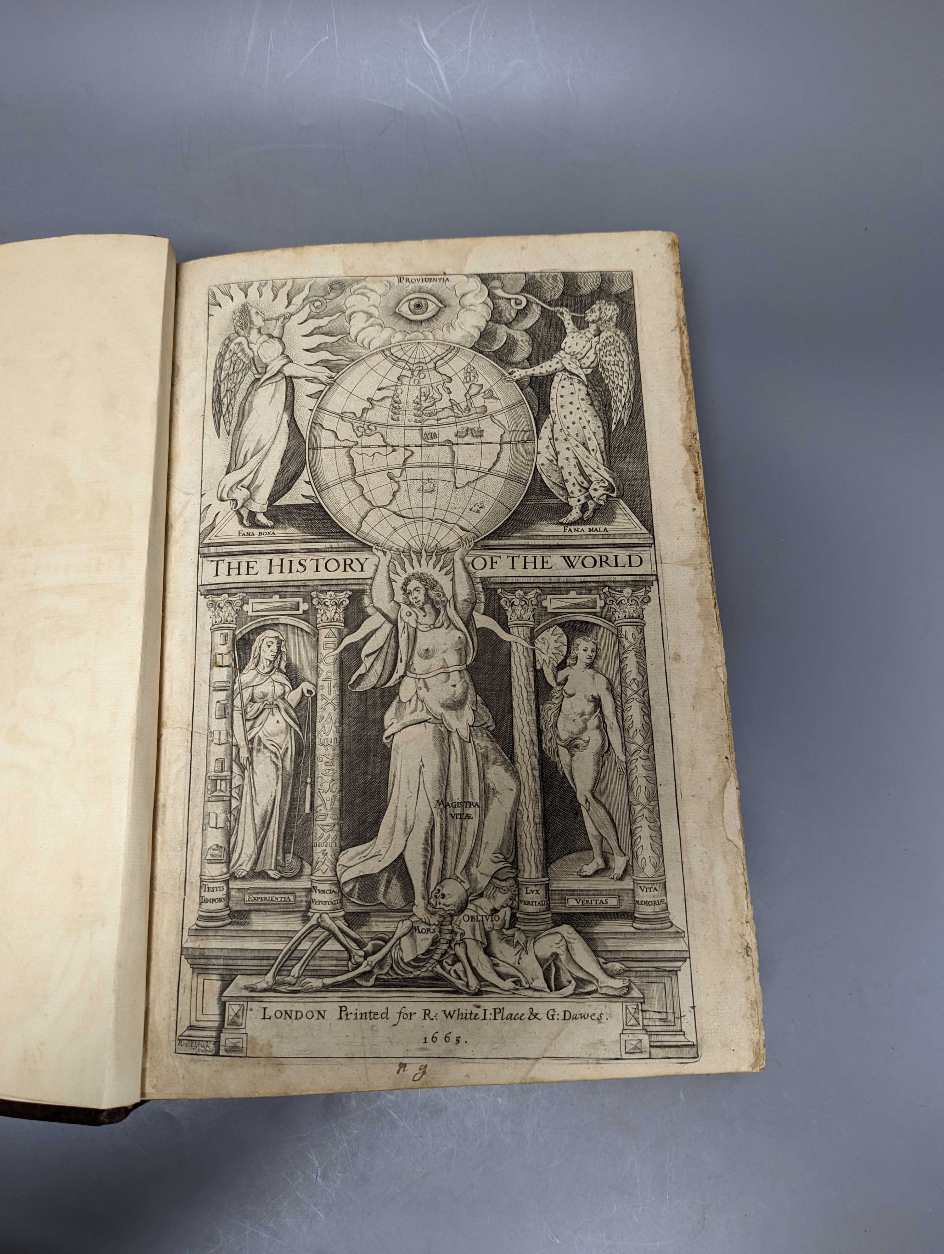 [Raleigh, Sir Walter - The Historie of the World] i.e. lacks printed title; present are the engraved title and the 'Mind of the Front' leaf, some contents pages, thereafter the Preface
